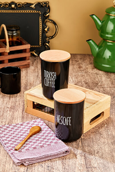 MODA OZY 2'li Ahşap Vakum Kapaklı Transfer Etiketli Turkıshcoffe/Nescafe Akri...