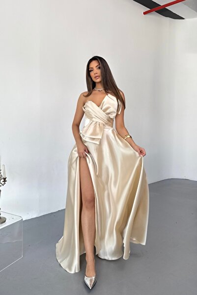 İyem Abiye Fiyonklu Prenses Sırt Bağcıklı Organize Abiye Elbise Dar Kalıp