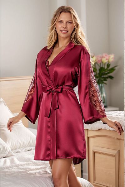 QKK Satin Burgundy Lace Detailed Nightgown Dressing Gown Set of 2 F3Q1Ak4Ak0L