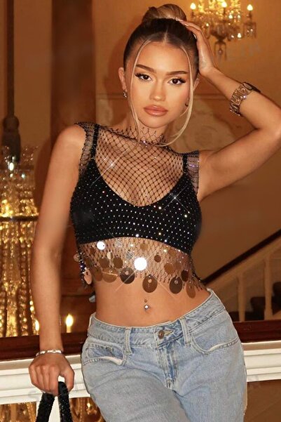 LIVOSH PUL PAYETLİ TAŞLI PARLAK CROP FİLE BLUZ