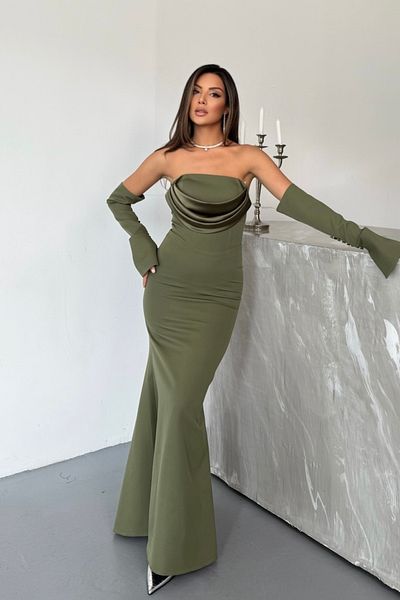 İyem Abiye Crepe Sleeve Detailed Straight Evening Dress Slim Fit