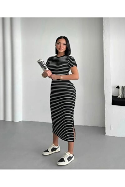 İYMES COLLECTİON Kadın siyah çizgili yırtmaçlı esnek uzun örme elbise