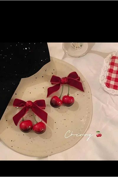 EMKSHOP Velvet Bow with Crystal Stone Decoration Cherry Dangle Red Pen Buckle
