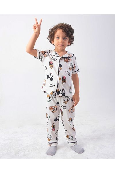 Bolly Baby Cute Animals Patterned Summer Pajama Set for Ages 2-5 Years, Short Sleeve Bottom Long Double Breasted Collar Buttoned