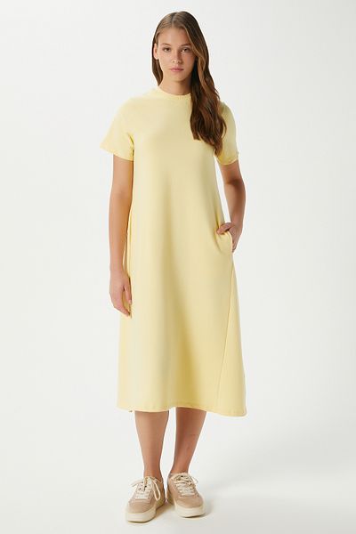 Ritnice Women's Hanna Pocket Bell Cut Yellow Combed Cotton Summer Dress 14266