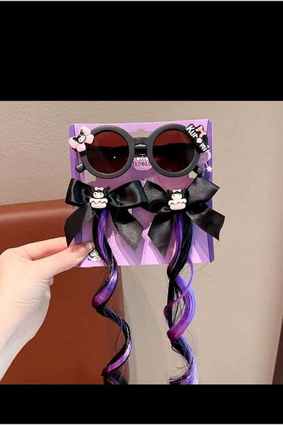 EMKSHOP نظارات Kuromi ذات التفاصيل المفصلة للحماية من الأشعة فوق البنفسجية 400 على الطراز الاسكندنافي مع مشبك مشبك على شكل فيونكة وتفاصيل شعر متدلية