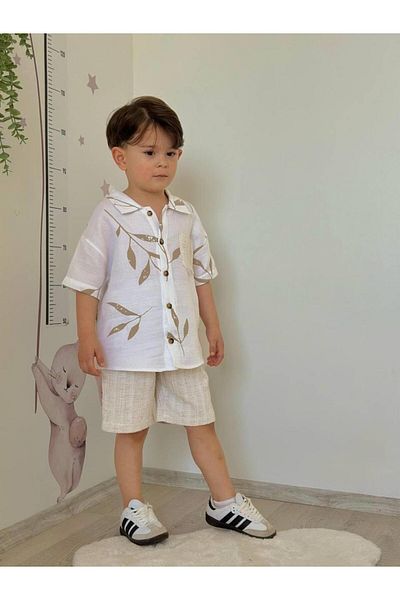 Bebeelkids Boy's Leaf Patterned Shorts Suit Cream