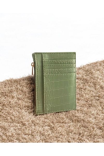 zauram Crocodile Patterned Zipper Detailed Green Card Holder