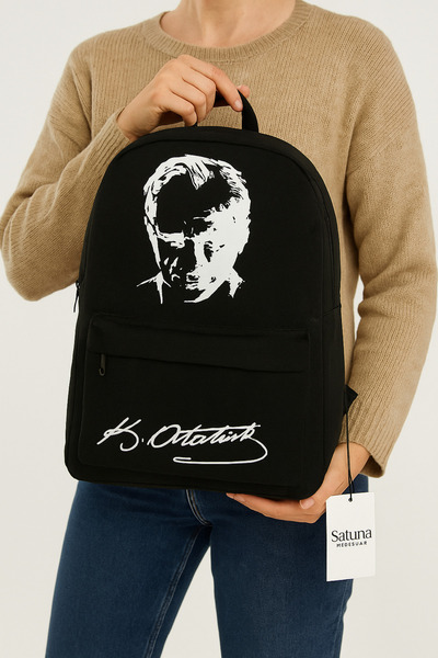 Mesisa Ataturk Printed Black Backpack Suitable for Daily Use Backpack School Bag