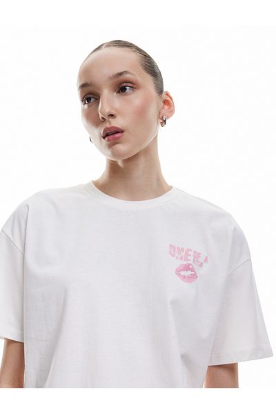 Koton Tricou oversize din bumbac cu mânecă scurtă, cu decolteu, cu imprimeu pe spate
