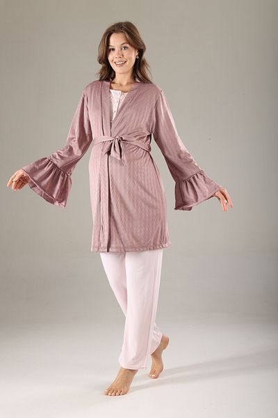 Lohussa Dried Rose Jacquard Special Design Summer Cotton Maternity Maternity Dressing Gown Pajama Set Set of 3