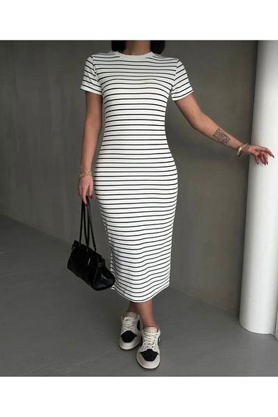 İYMES COLLECTİON Women's White Striped Slit Stretchy Long Knitted Dress