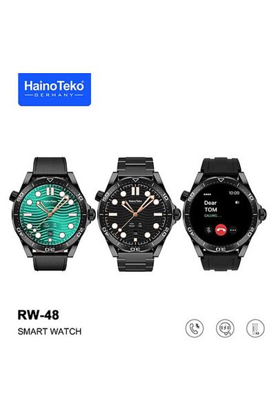 haino teko germany RW48 Smart Watch with Round AMOLED Display, 3 Pairs of Straps, and Wireless Charger for Men - Black