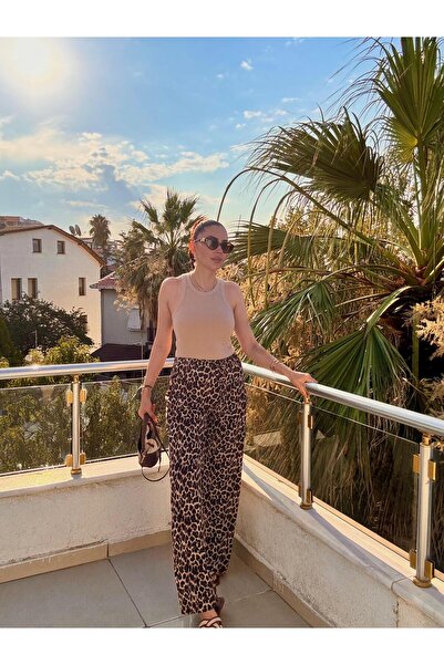 MODA leopar desenli beli bağcıklı bol paça viskon ithal pantolon