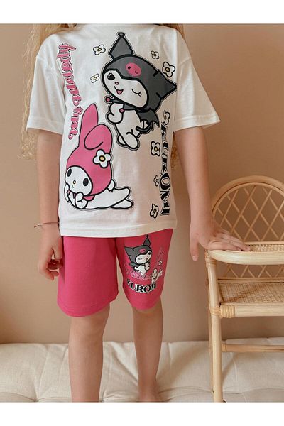 patriko tekstil Girl's Kuromi Printed Pink Shorts T-Shirt Bottom Top Set