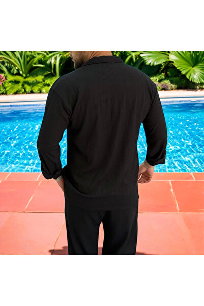 Fifty Color Men's Wrinkled Crinkle Fabric Summer Lycra Apaj Collar Shirt and Sweatpants Suit Combination