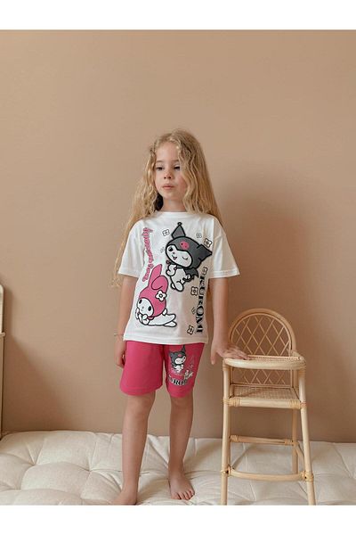 patriko tekstil Girl's Kuromi Printed Pink Shorts T-Shirt Bottom Top Set