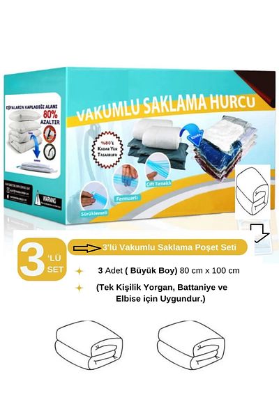 Vakum Hurcu (3 Pcs) Vacuum Bag Set 80 cm X 100 cm Large Size Quilt Pillow Vacuum Bag