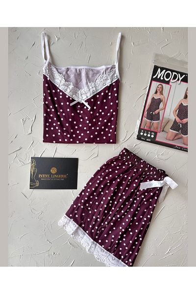 İntive Lingerie Intive Lace Detailed Soft Plum Polka Dot Patterned Strappy Blouse Shorts Pajama Set