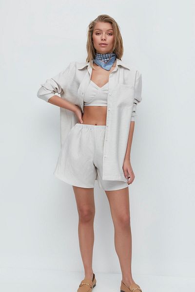 C&City Long Sleeve Shirt Shorts 3 Piece Set 9147 Beige