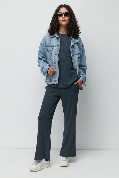 C&City Ribbed Pocket T-shirt Flared Leg Trousers Set 9132 Smoked