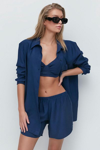 C&City Long Sleeve Shirt Shorts 3 Piece Set 9147 Navy Blue