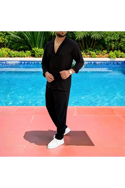 Fifty Color Men's Wrinkled Crinkle Fabric Summer Lycra Apaj Collar Shirt and Sweatpants Suit Combination