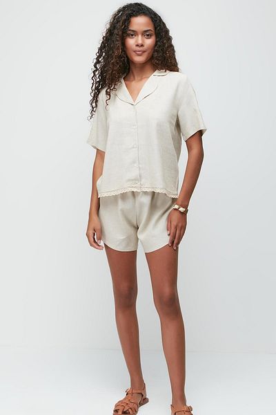 C&City Linen Lace Detail Short Sleeve Shirt Shorts Set 9145 Beige