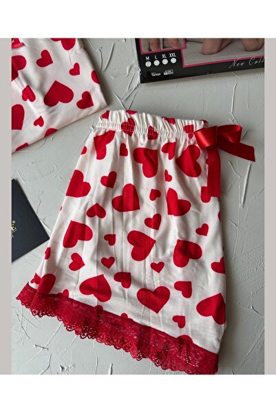 İntive Lingerie Intive Lace Detailed Soft Red White Heart Patterned Strap Blouse Shorts Pajama Set