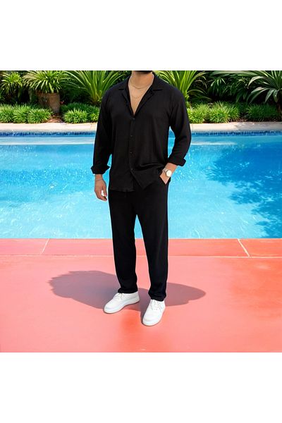 Fifty Color Men's Wrinkled Crinkle Fabric Summer Lycra Apaj Collar Shirt and Sweatpants Suit Combination