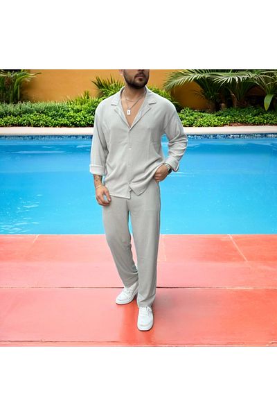 Fifty Color Men's Wrinkled Crinkle Fabric Summer Lycra Apaj Collar Shirt and Sweatpants Suit Combination