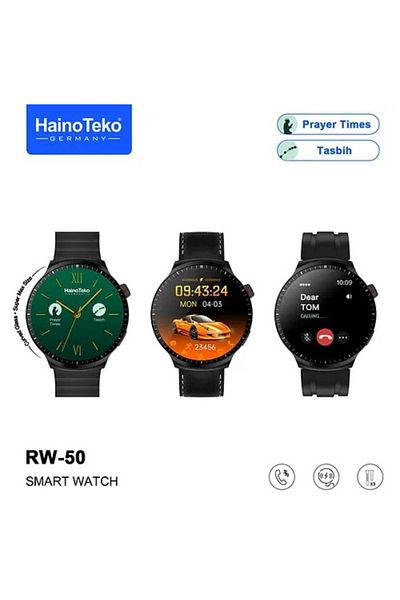 haino teko germany RW 50 Smart Watch with Large Round AMOLED Screen, 3 Pairs of Straps, 5-Time Prayer Alarm and Tasbeeh Counter