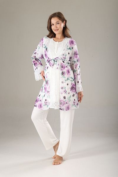 Lohussa Purple Floral Dressing Gown Special Design Summer Cotton Maternity Maternity Dressing Gown Pajama Set Set of 3