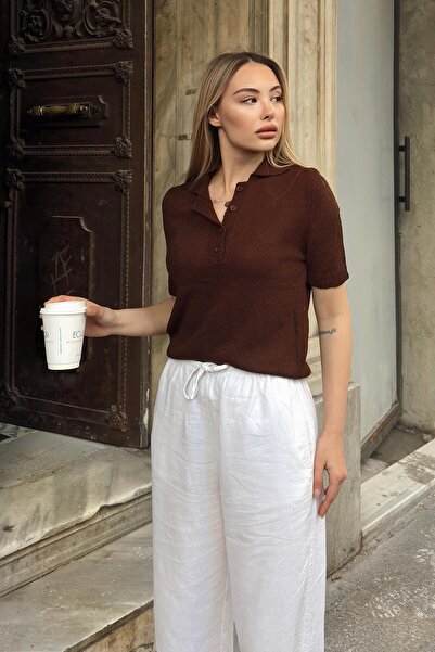 Swist Brown Marie Polo Collar Women's Knitwear Blouse