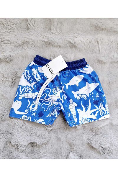 yenteks Costum de baie alb cu model Shark, mărime standard, cu buzunare, pantaloni scurți de baie pentru băieți