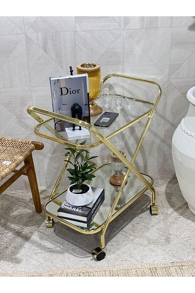 private house Taiwanese gold stainless steel tea trolley, clear glass top, mirror bottom