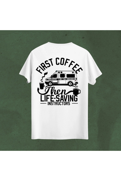 Qool Collection Tricou alb pentru femei, cu tematică First Coffee Ambulance, ...