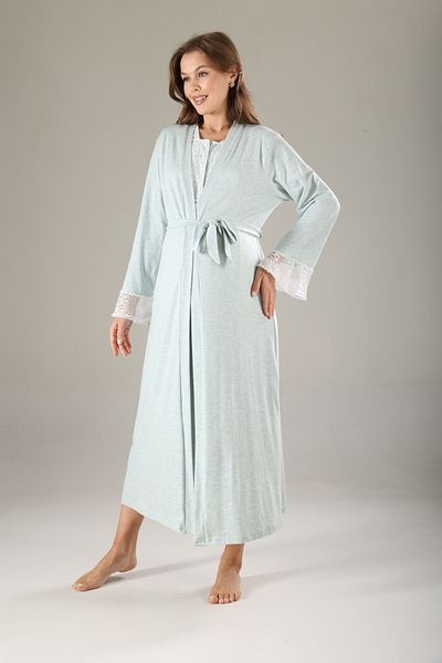 Lohussa Green Melange Lace Special Design Full Length 100% Cotton Summer Maternity Maternity Dressing Gown Nightgown Set
