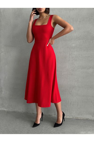 BEJNA Women's Red Square Neck Thick Strap Dress