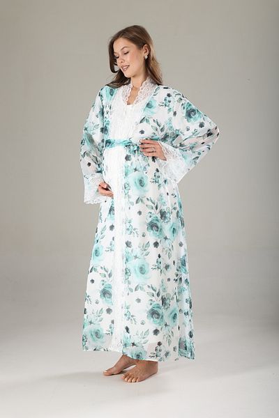 Lohussa Turquoise Floral Lace Special Design Full Length 100% Cotton Summer Maternity Maternity Dressing Gown Nightgown Set