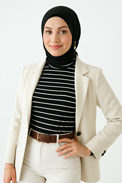 mirach Μαύρο και άσπρο ριγέ μακρυμάνικο γιακά λαιμού Crop μοντέλο Hijab χτενισμένο βαμβακερό γιακά λαιμού