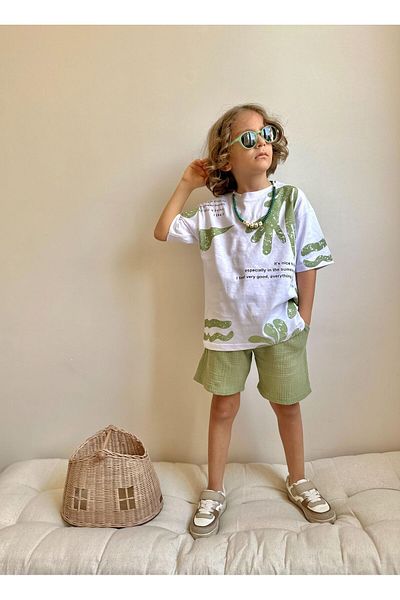 patriko tekstil Boy's Green Leaf Patterned Muslin Shorts Shorts T-Shirt Bottom Top Set
