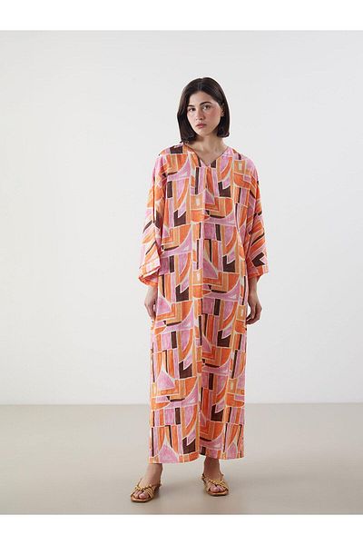 LC Waikiki Lcw Modest V-Neck Patterned Oversize Dress (S5)