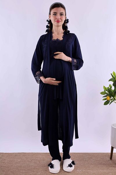 ByLohusa Effortt Navy Blue Long Dressing Gown Maternity Maternity Pajama Set Byl 224072