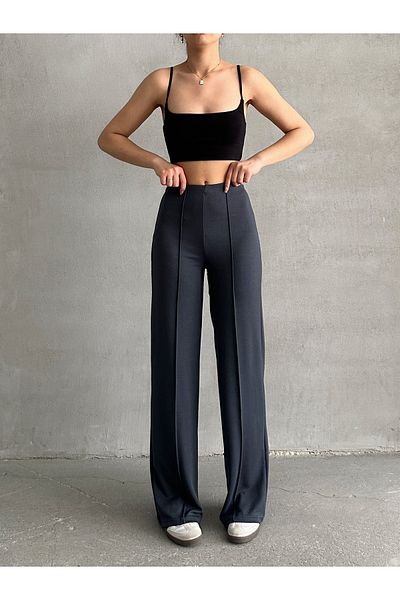 BEJNA Anthrazitfarbene, gerippte Modalhose mit hoher Taille für Damen