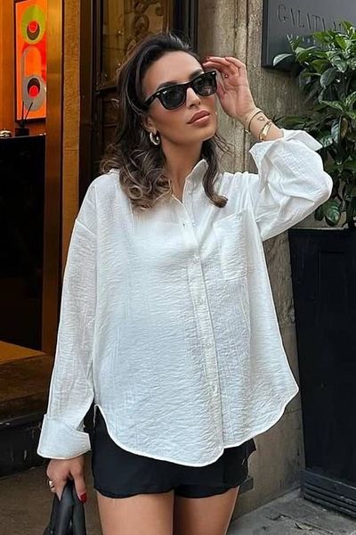 Ded COLLECTION Cămașă cu mânecă lungă din țesătură de bumbac Crinkle pentru femei
