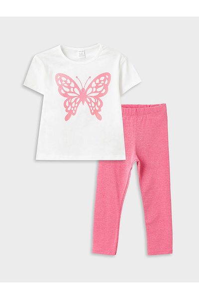LC Waikiki Lcw Kids Ecru Crew Neck Short Sleeve Printed Baby Girl T-Shirt and Leggings 2 Piece Set