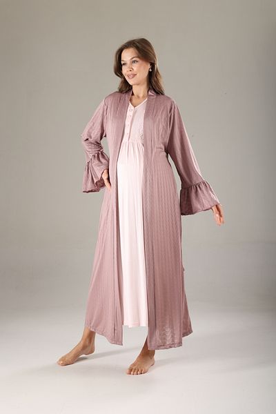 Lohussa Dried Rose Jacquard Textured Special Design Full Length 100% Cotton Summer Maternity Maternity Dressing Gown Nightgown Set