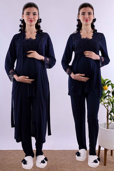 ByLohusa Effortt Navy Blue Long Dressing Gown Maternity Maternity Pajama Set Byl 224072
