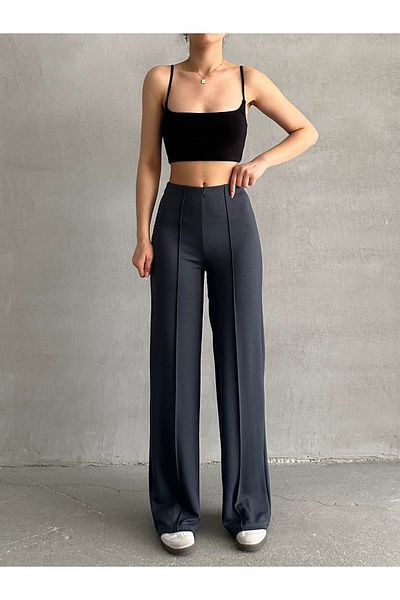 BEJNA Anthrazitfarbene, gerippte Modalhose mit hoher Taille für Damen